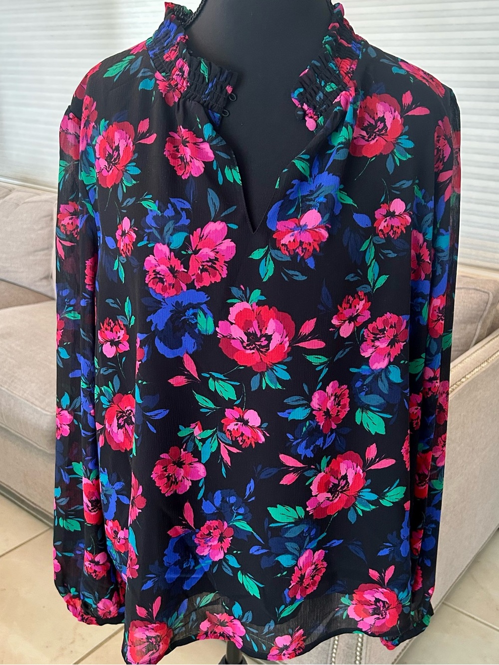 J. Crew Black Floral Long Sleeve Blouse with Pink, Blue & Green Print